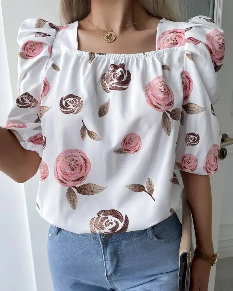 Deanwangkt - Floral Print Puff Sleeve Tie Back Blouse - Deanwangkt