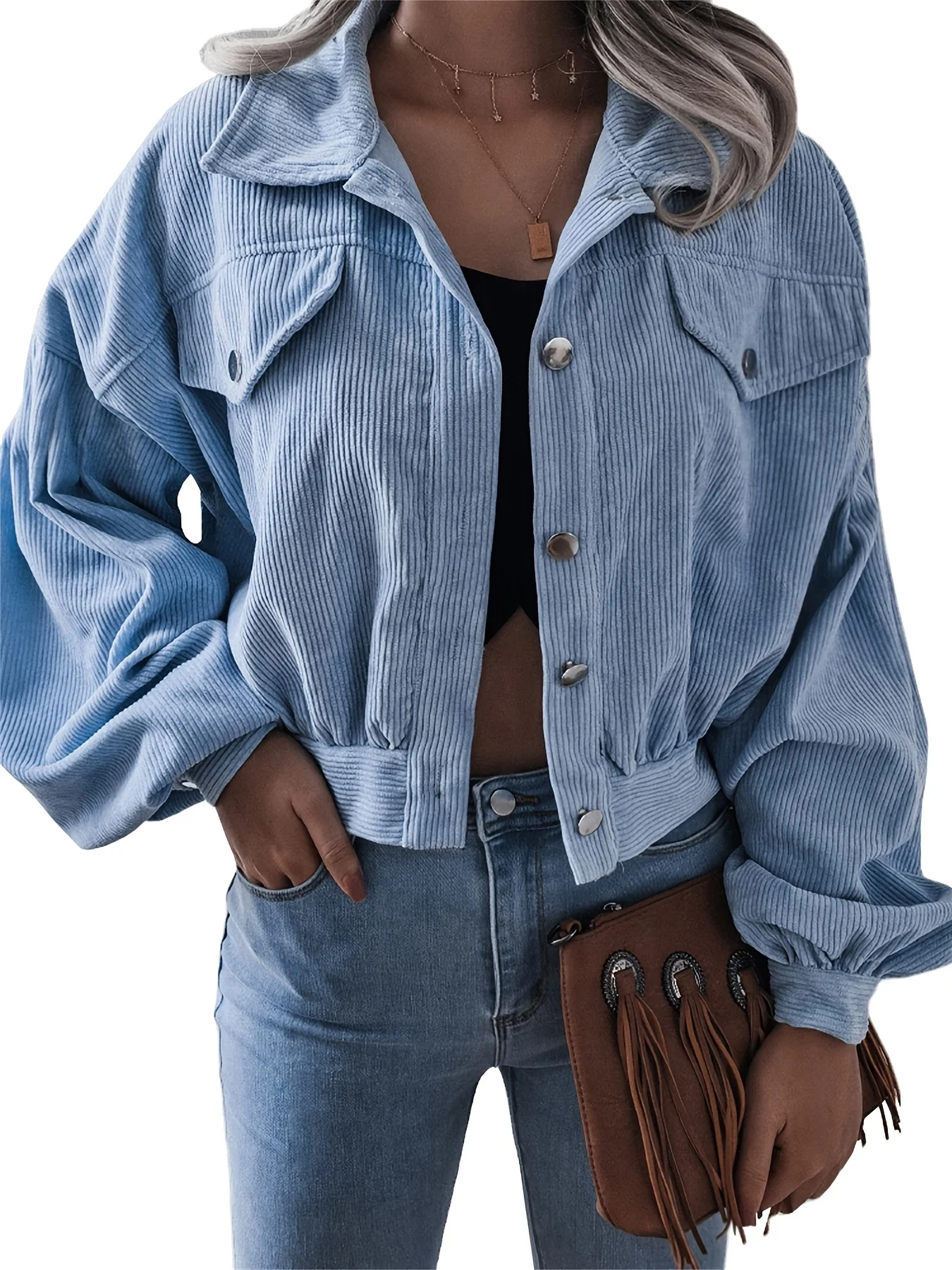 deanwangkt-1 Lapel Corduroy Jacket, Casual Crop Lantern Long Sleeve Jacket For Fall & Winter, Women's Clothing - Deanwangkt