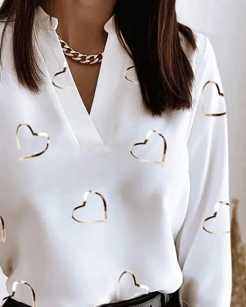 Deanwangkt - Casual Heart Print V-Neck Long Sleeve Top - Deanwangkt