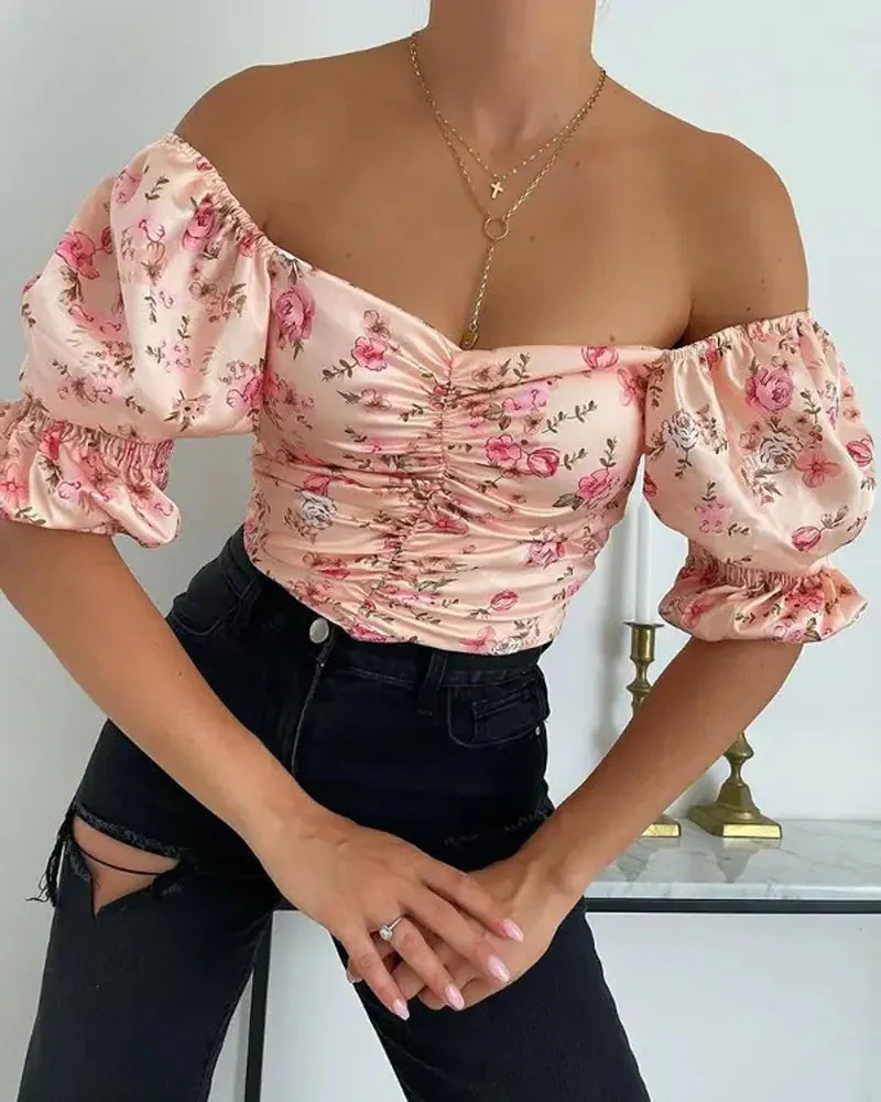 Deanwangkt - Floral Print Puff Sleeve Ruched Top - Deanwangkt