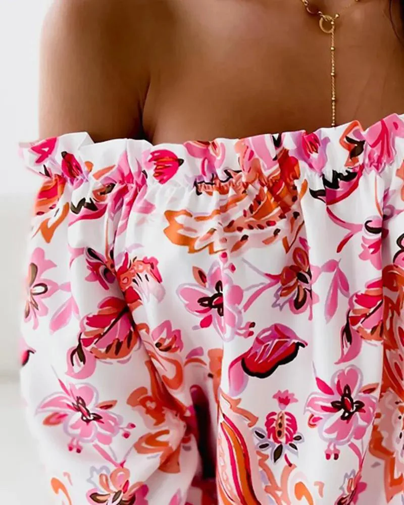Deanwangkt - Floral Print Ruffle Hem Off Shoulder Top - Deanwangkt