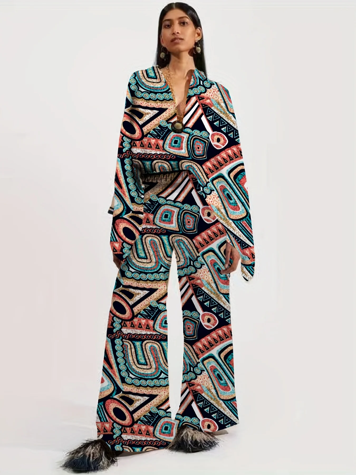 deanwangkt-1 Vacation Ethnic Print Two-piece Set, Long Sleeve Button Front Blouse & High Waist Wide Leg Pants Outfits, Women's Clothing - Deanwangkt