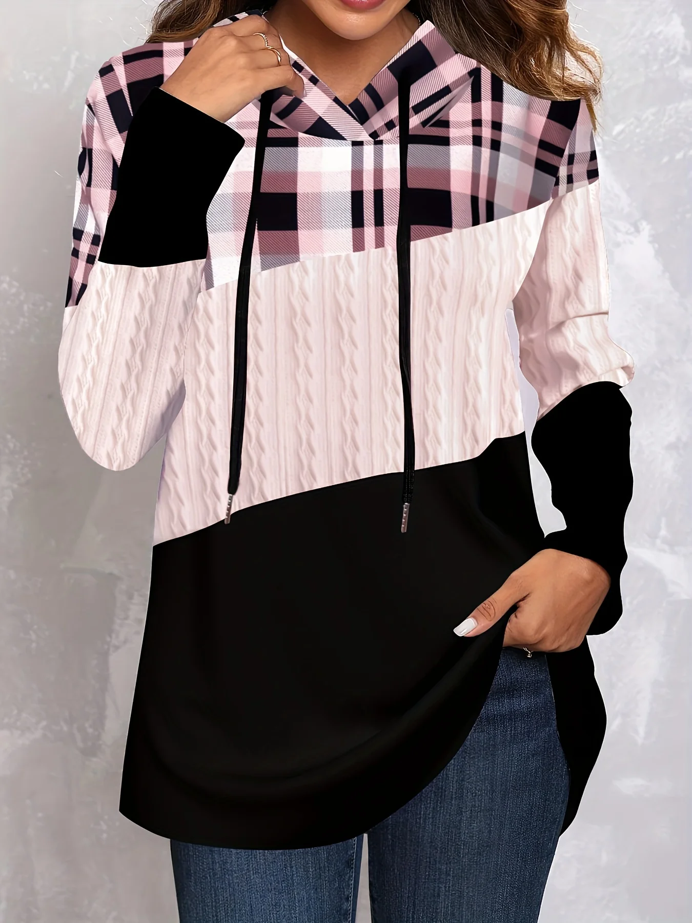 Color Block Drawstring Hoodie, Casual Long Sleeve Hoodie, Women's Clothing - Deanwangkt