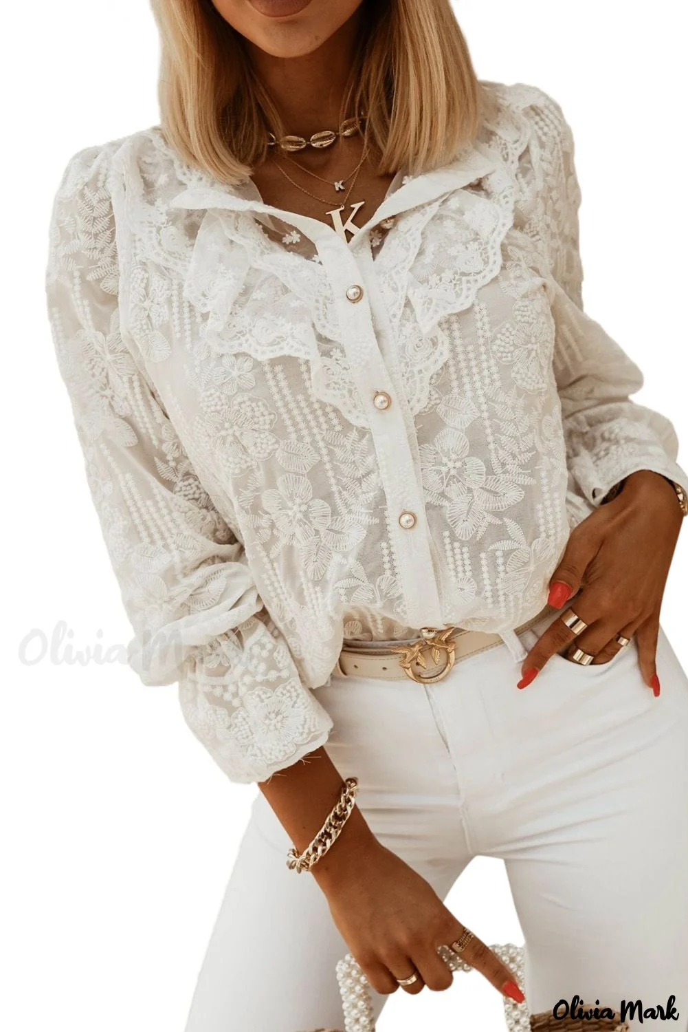 Deanwangkt - White Lace Embroidered Ruffled Button Down Long Sleeve Shirt - Deanwangkt