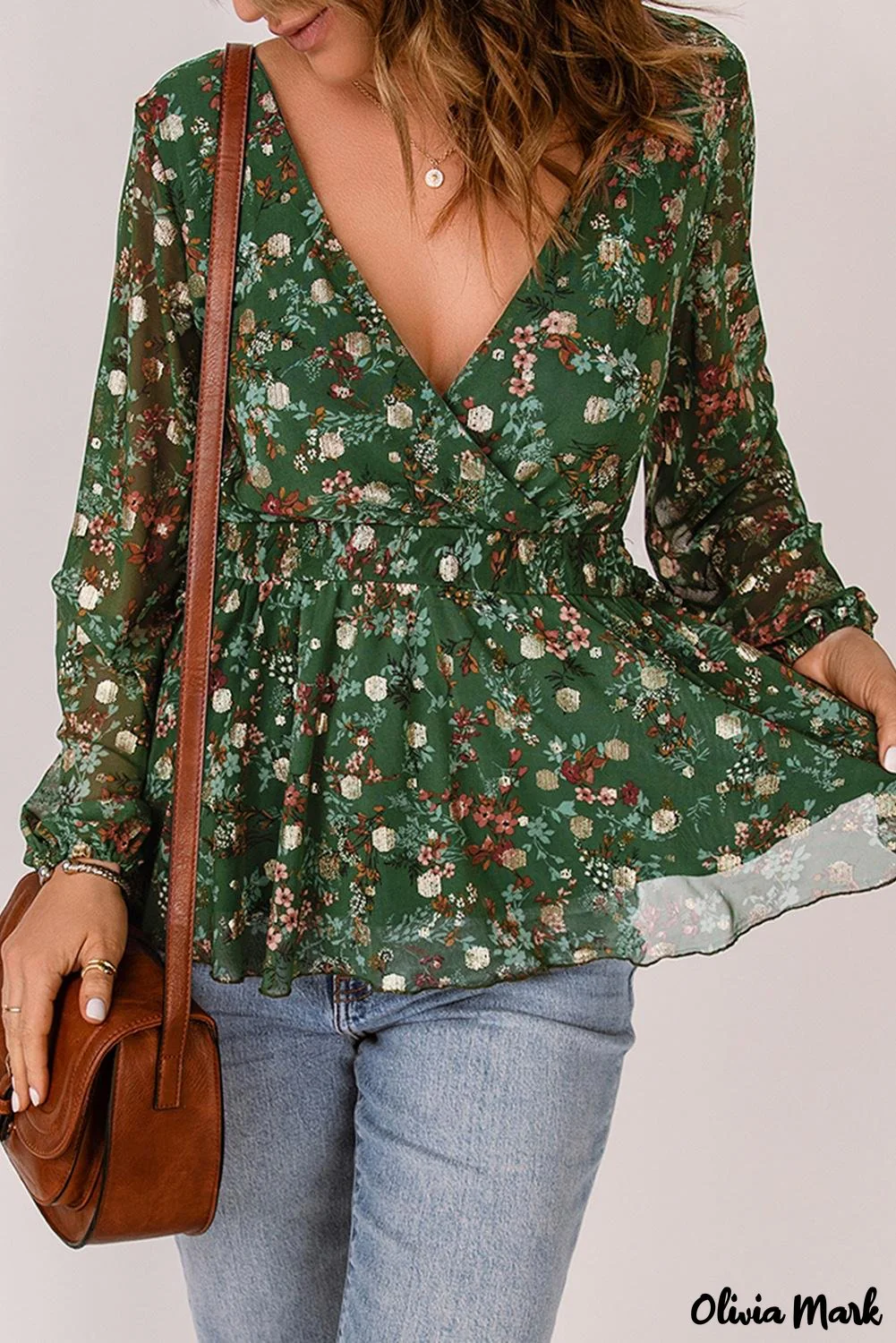 Deanwangkt - Green Floral Print Wrap V-Neck Peplum Top - Deanwangkt