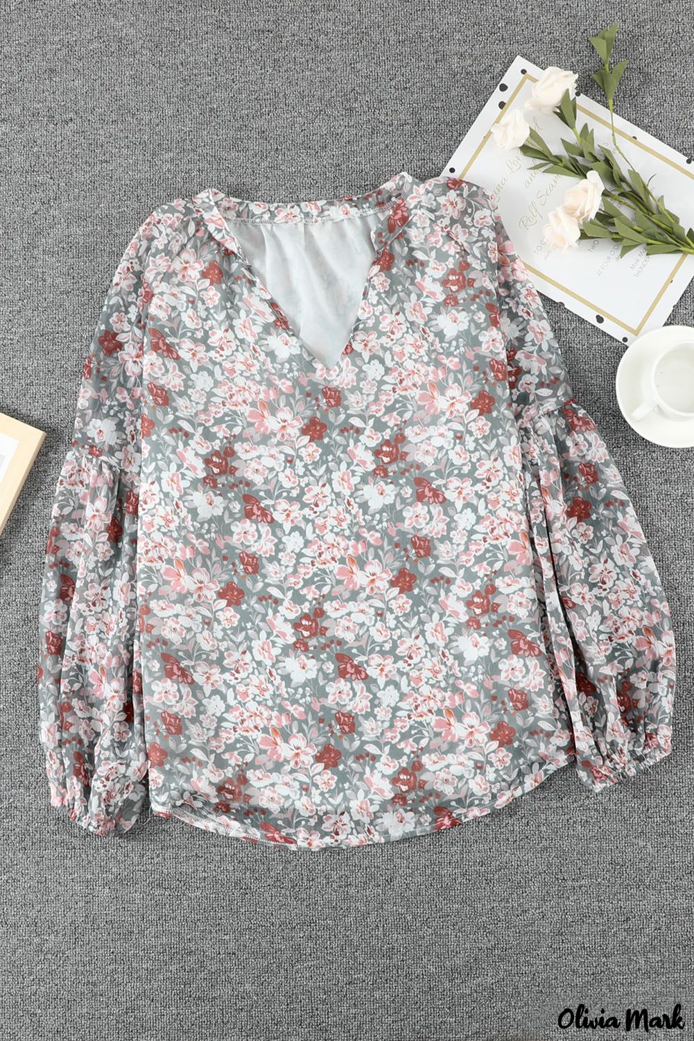 Deanwangkt - Multicolor Floral Print V-Neck Long Puff Sleeve Blouse - Deanwangkt