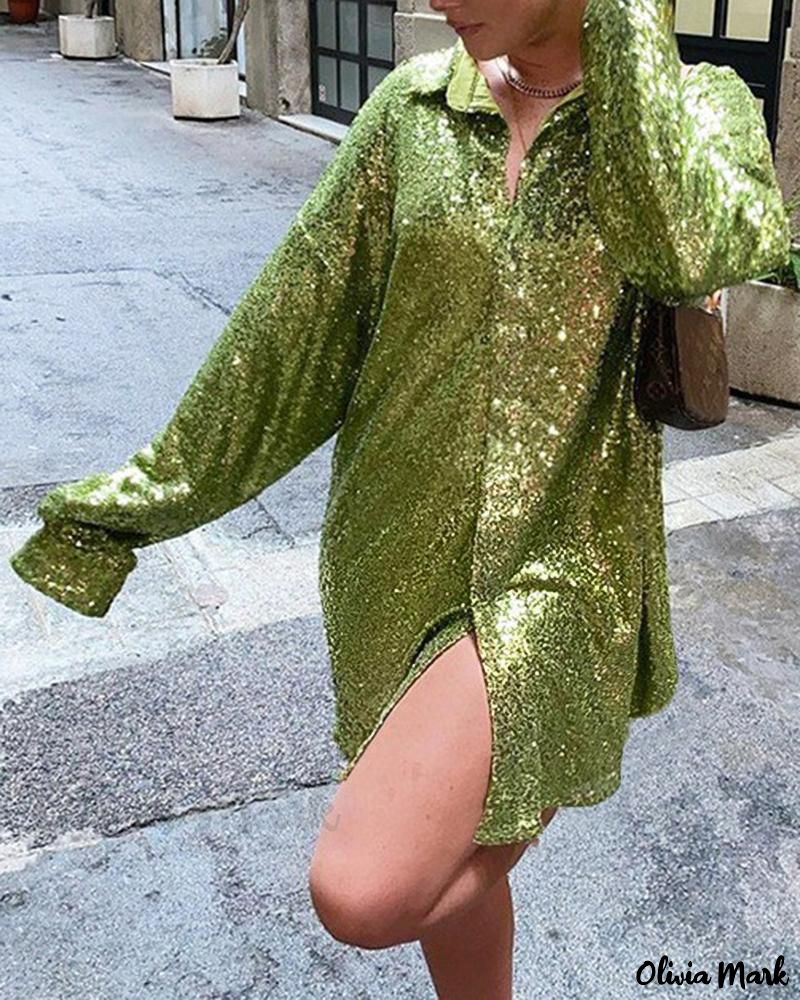 Deanwangkt - Stylish Long Sleeve Top with Allover Sequin Detail and Turn-down Collar - Deanwangkt