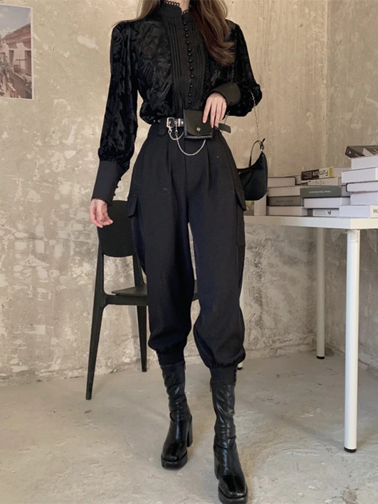 Back to college outfits Deanwangkt Korean Two-Piece Set Women Deanwangkt Winter New Temperament Stand-Up Collar Puff Sleeve Shirt Tops Female + Harem Pants Suit Female fx0615 - Deanwangkt