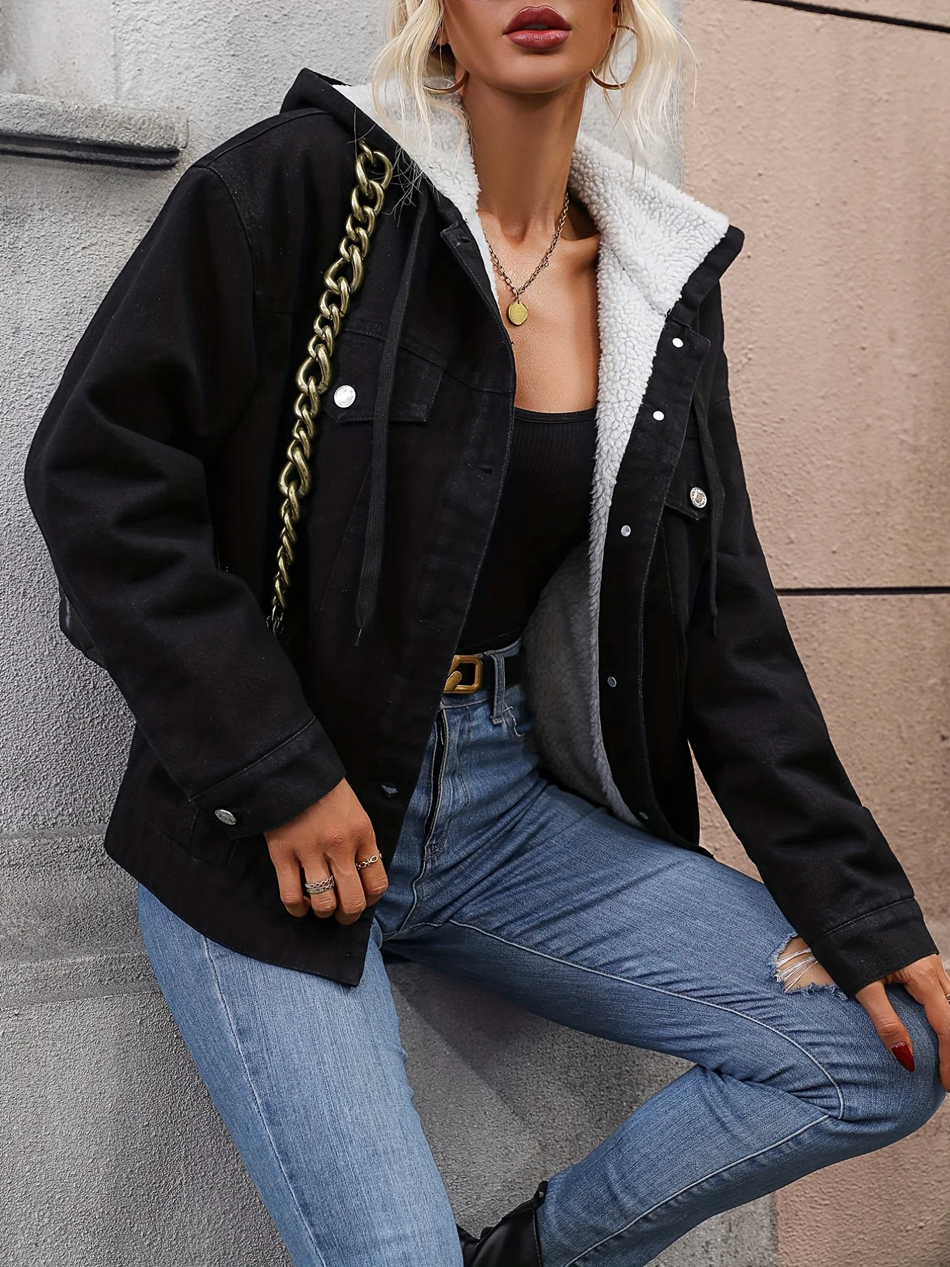 Black Fleece Liner Hooded Denim Coat, Long Sleeves Drawstring Keep Warm Denim Jacket, Women's Denim Clothing - Deanwangkt