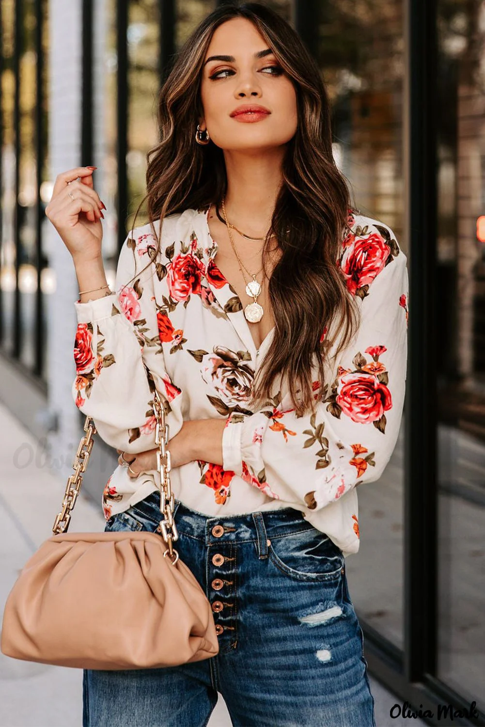 Deanwangkt - Beige Floral Print V-Neck Button Down Blouse - Deanwangkt
