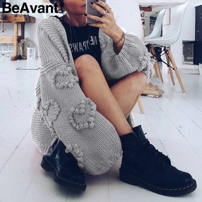 Christmas Gift  Loose women knitted cardigans Lantern sleeve heart crochet oversize sweaters Autumn winter female cardigan coats outwear - Deanwangkt