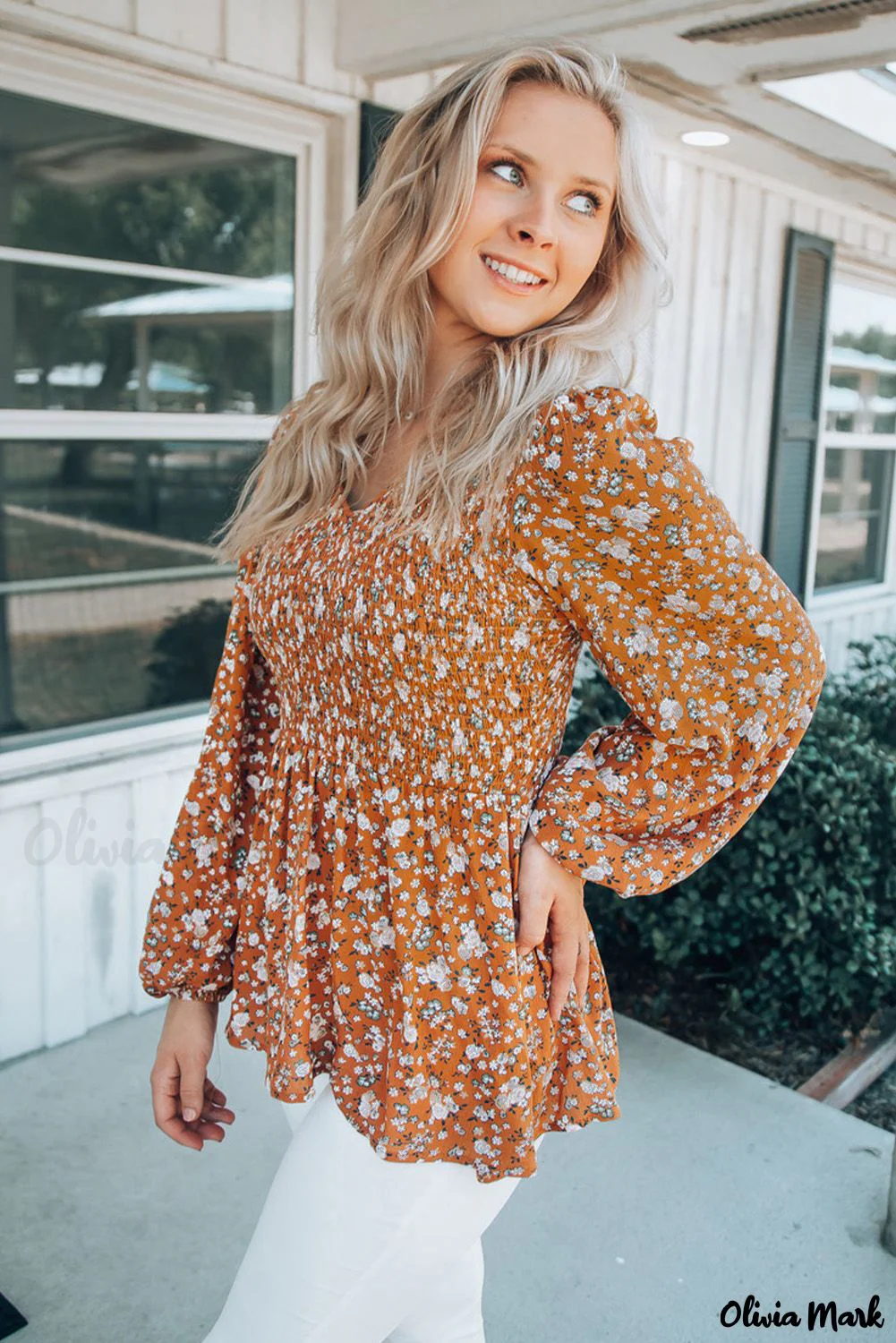 Deanwangkt - Orange Floral Print Ruched Long Sleeve V-Neck Blouse - Deanwangkt