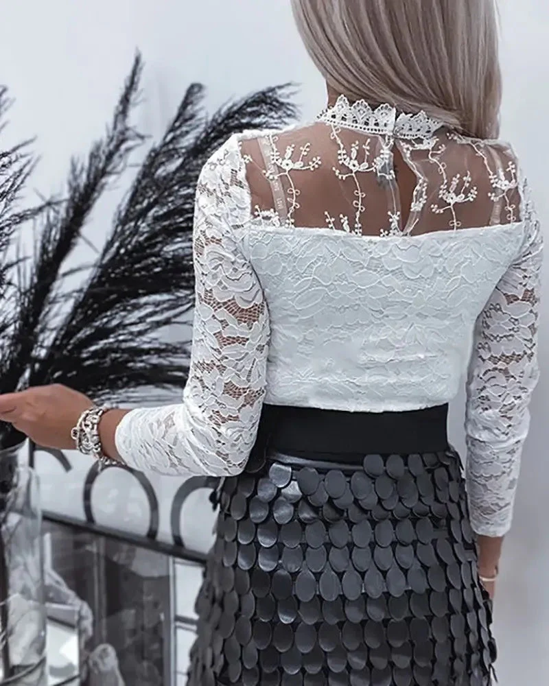 Deanwangkt - Crochet Lace Long Sleeve Sheer Mesh Top - Deanwangkt