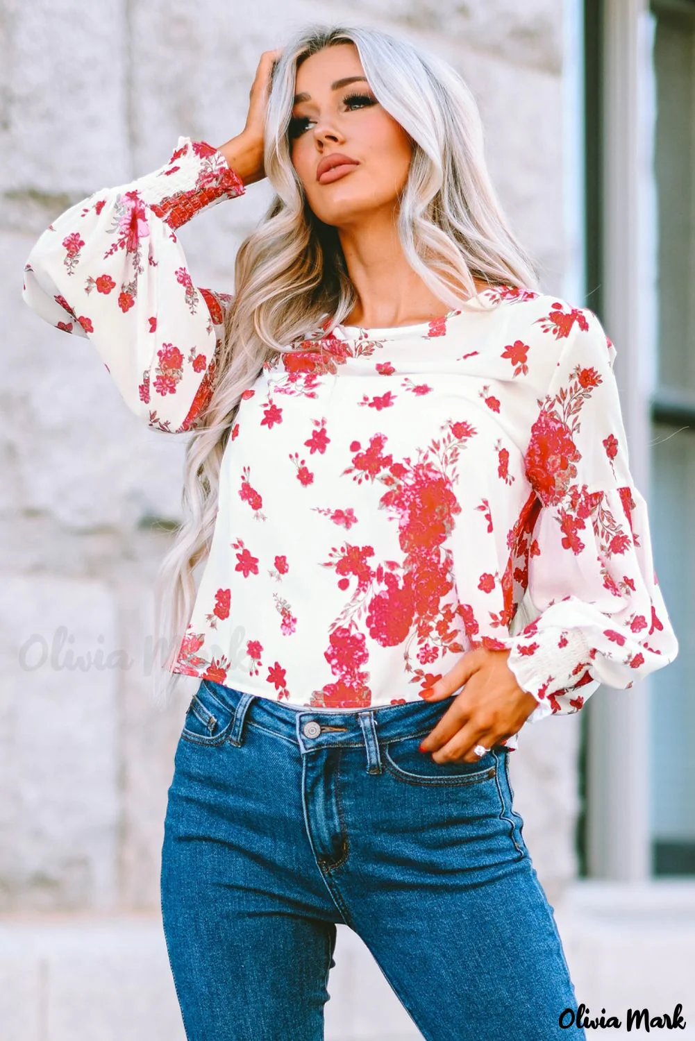 Deanwangkt - Pink floral blouse with round neck and bishop sleeves - Deanwangkt