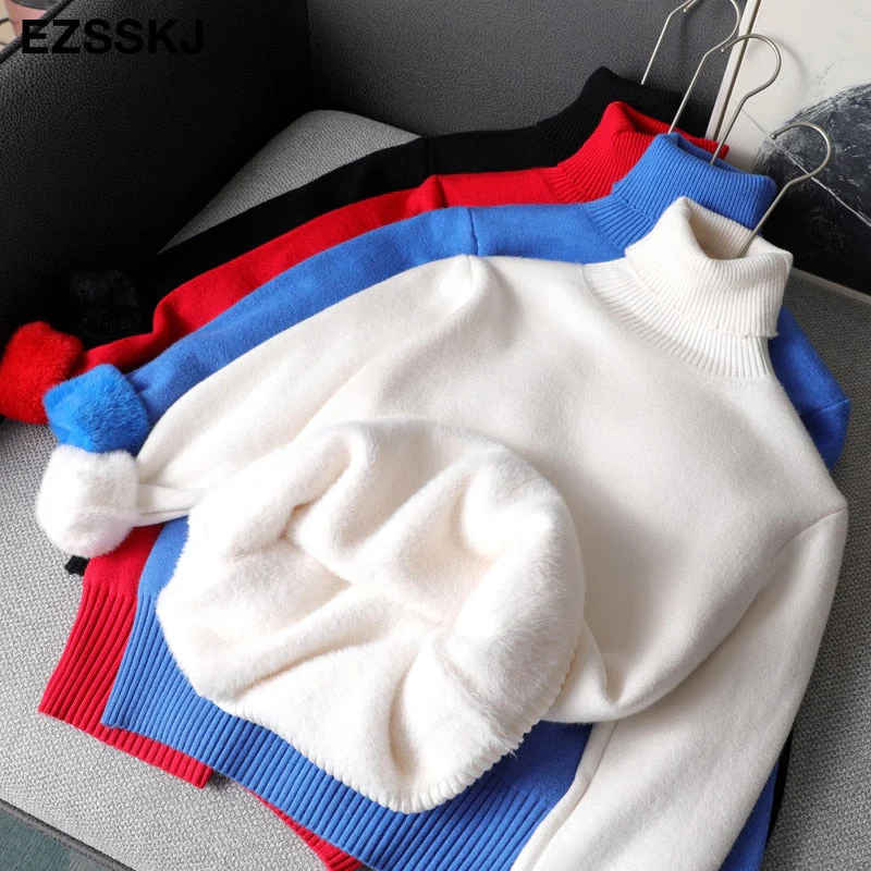 Christmas Gift Deanwangkt Autumn winter cashmere basic warm Sweater velvet Pullovers Women female fur thick Turtleneck sweater knit Jumpers top - Deanwangkt