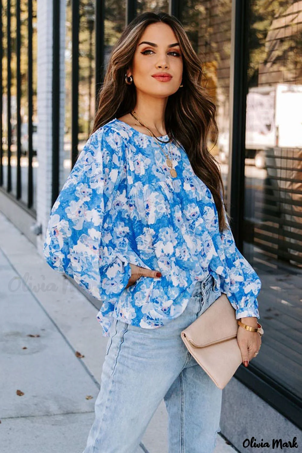 Deanwangkt - Baby Blue Floral Print Puff Sleeve Blouse - Deanwangkt