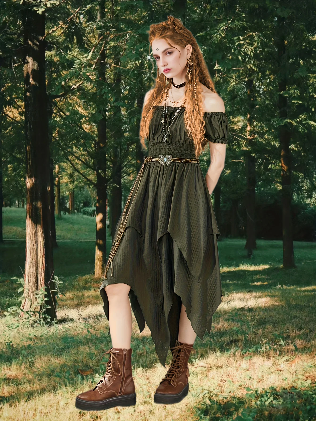 deanwangkt-1  Off Shoulder Ruffle Layered Hem Dress, Grunge Shirred Waist Dress For Spring & Summer, Women's Clothing - Deanwangkt