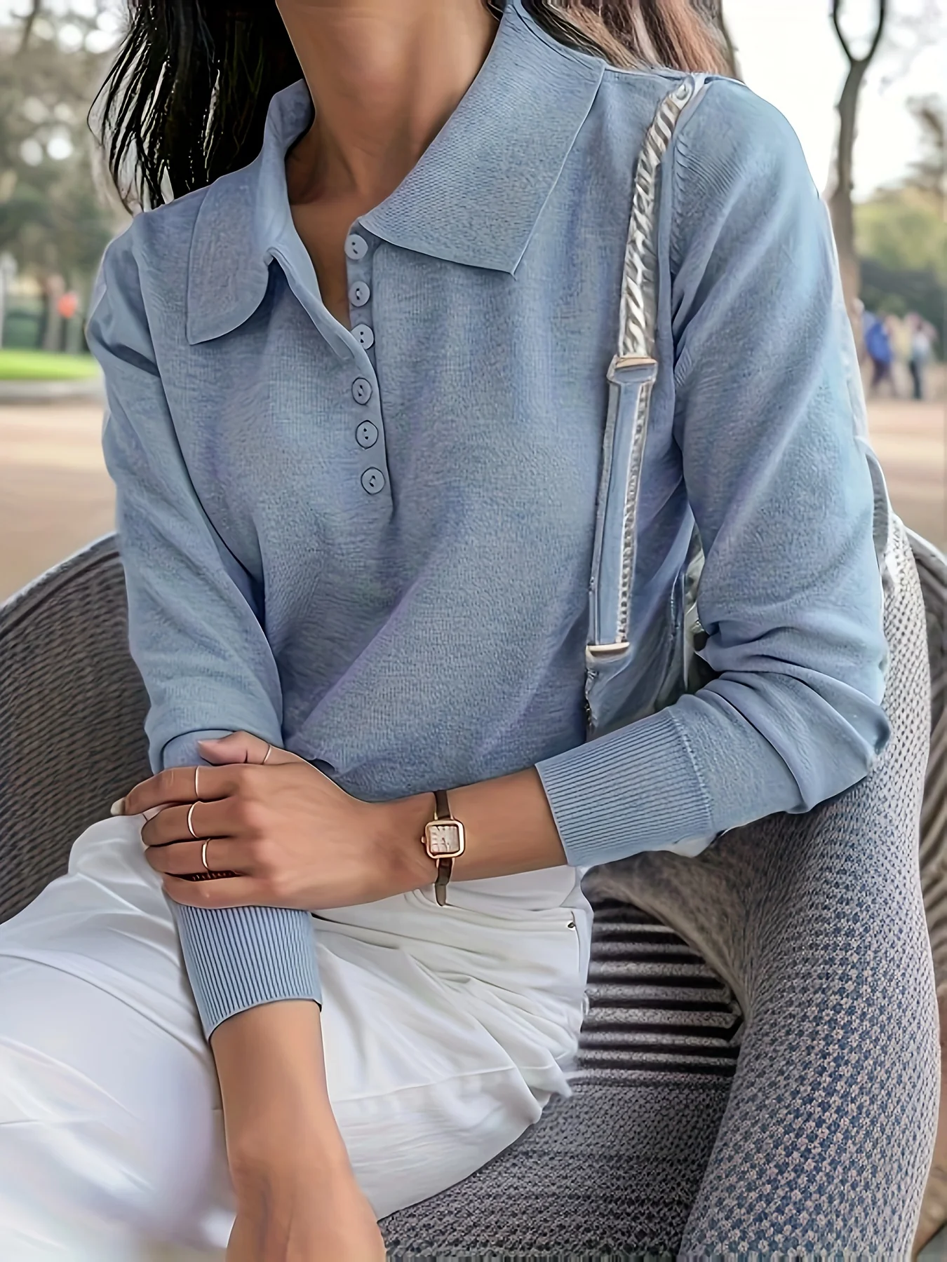 deanwangkt-1 Solid Button Polo Collar Knitted Top, Elegant Long Sleeve Sweater, Women's Clothing - Deanwangkt