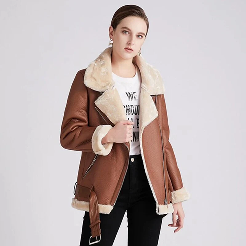Black Friday Sales New Women Winter Lambs Wool Parkas Fur Collar Zipper Jacket Warm Thick Outerwear Faux Lamb Leather Coat Moto Outwear - Deanwangkt