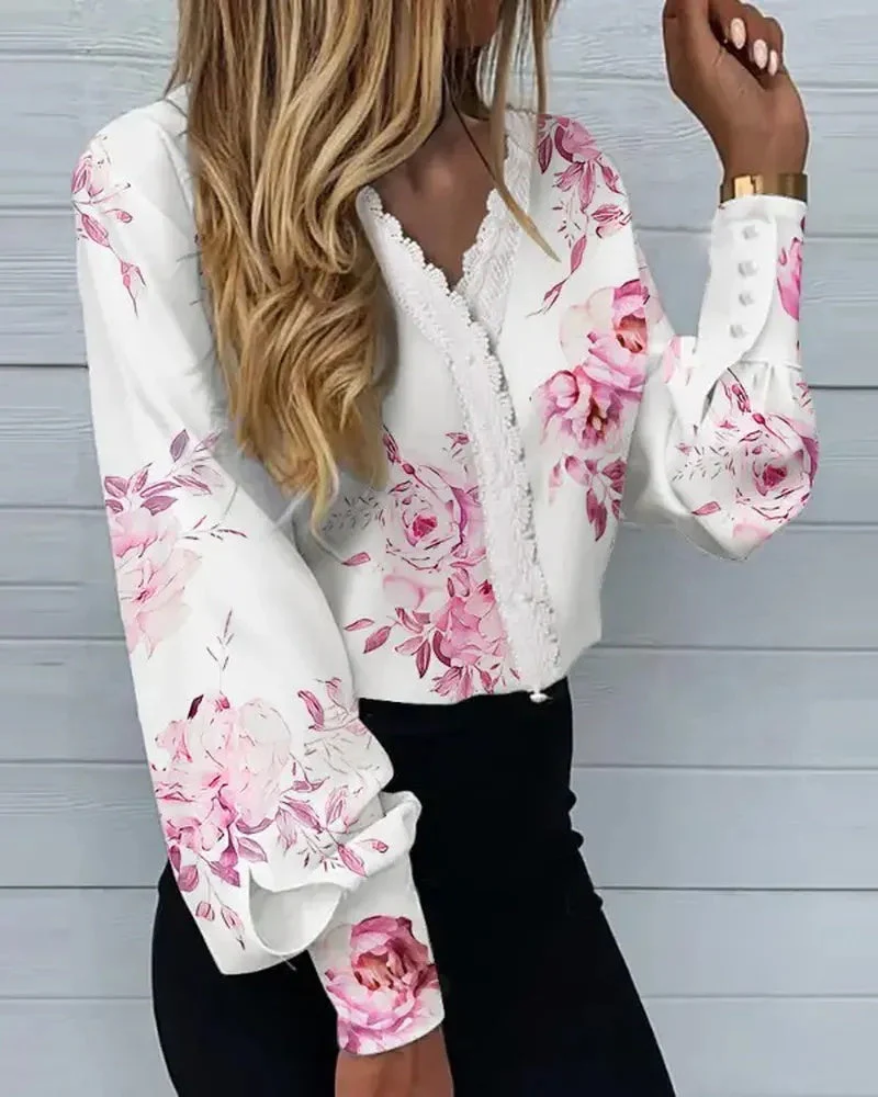 Deanwangkt - Floral Print Lace Trim Lantern Sleeve Top - Deanwangkt