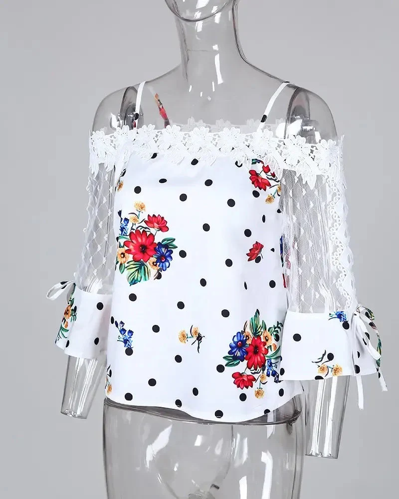 Deanwangkt - Polka Dot Lace Floral Off-the-Shoulder Top - Deanwangkt