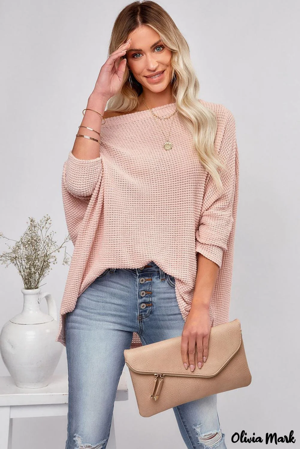 Deanwangkt - Pink Waffle Mesh Eyelet Long Sleeve Blouse - Deanwangkt