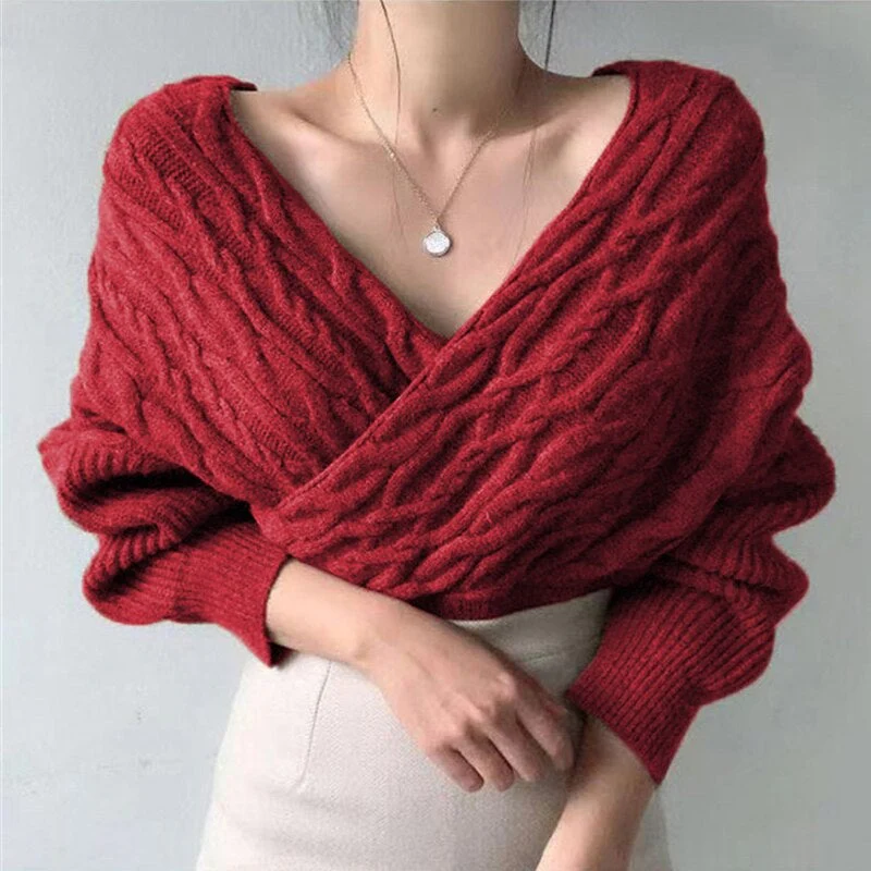 Christmas Gift  New Deanwangkt Winter Spring Women Sweaters Knitted V-Neck Cross Wild Korean Sexy Elegant Pullovers Ladies Jumpers SW1235JX - Deanwangkt