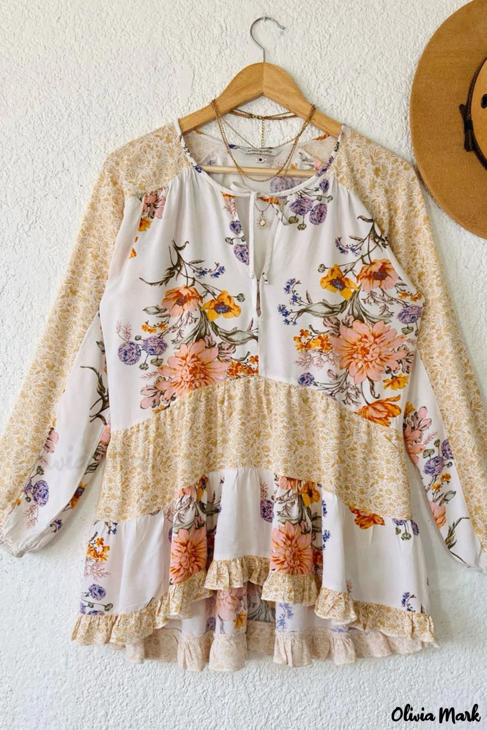 Deanwangkt - Yellow Floral Print V-Neck Ruffle Blouse - Deanwangkt