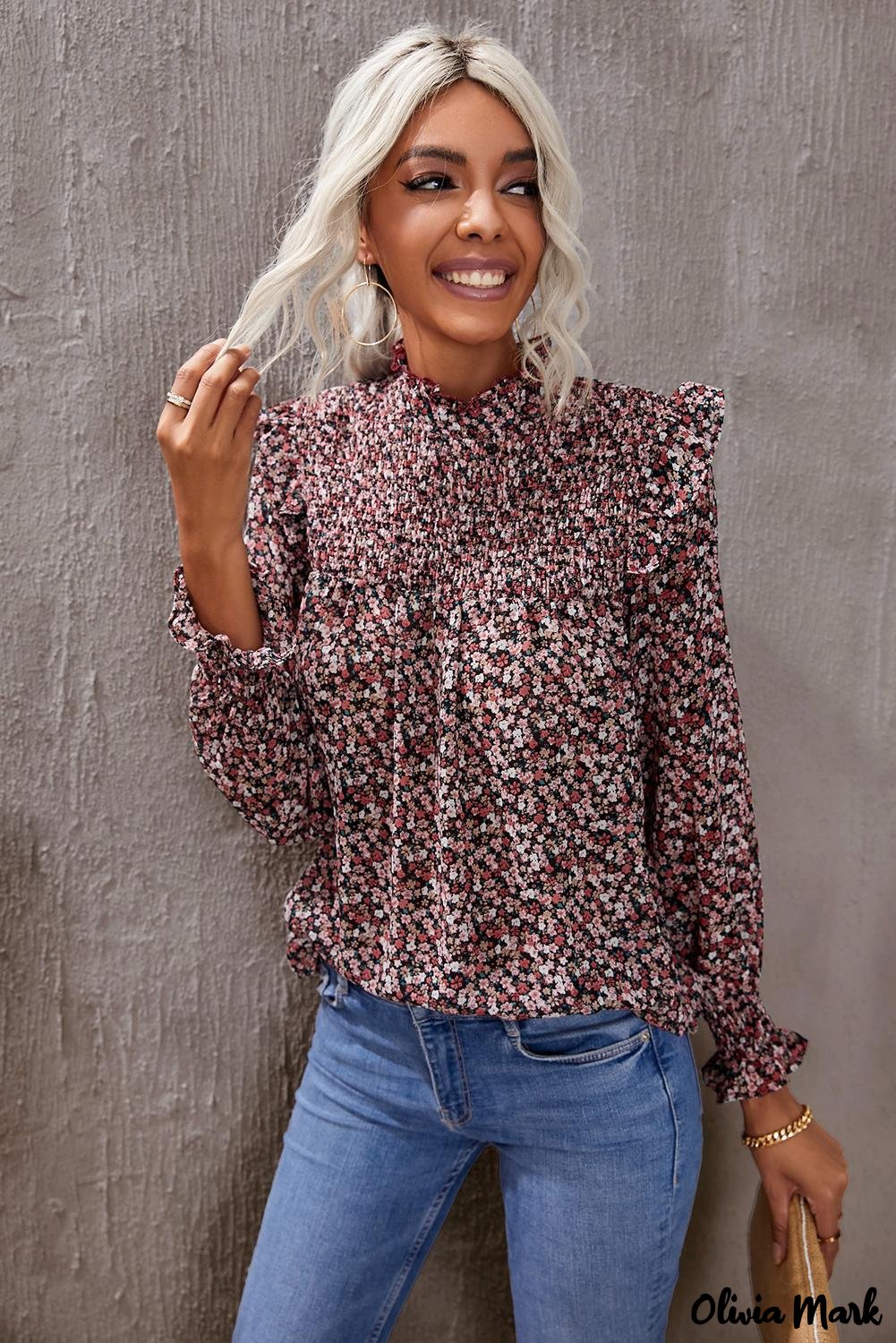 Deanwangkt - Floral Print Ruffle Long Sleeve Blouse - Deanwangkt