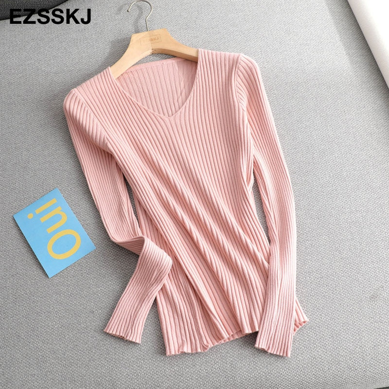 Christmas Gift Deanwangkt basic v-neck solid autumn winter Sweater Pullover Women Female Knitted sweater slim long sleeve badycon sweater cheap - Deanwangkt
