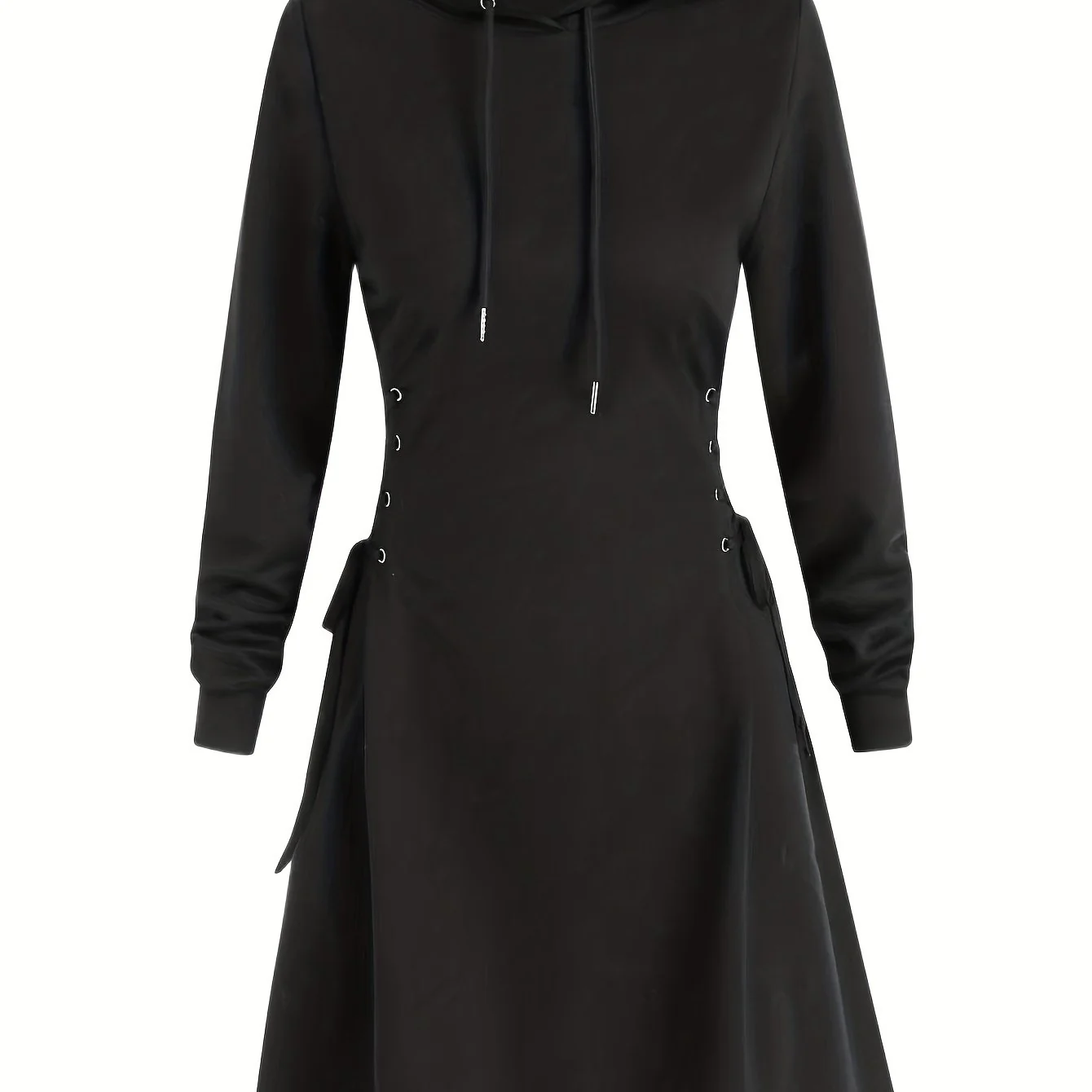 deanwangkt-1  Plus Size Gothic Dress, Women's Plus Solid Long Sleeve Lace Up Side Drawstring Hooded Sweatshirt Dress - Deanwangkt
