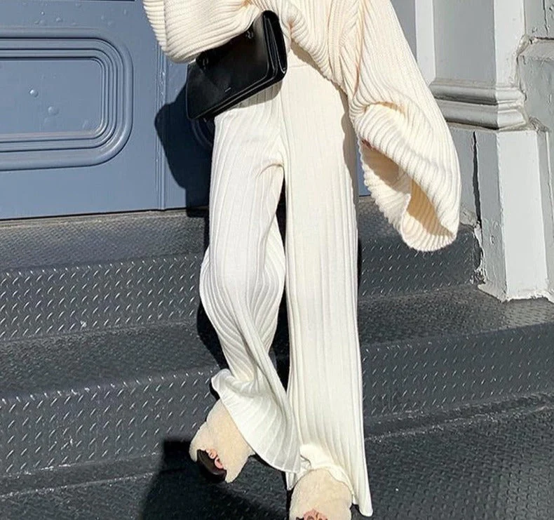 Christmas Gift  Casual Warm Loose Floor-length Sweater Pants for Women Autumn Winter High Waist Wide Leg Knitted Trousers Femme Deanwangkt - Deanwangkt