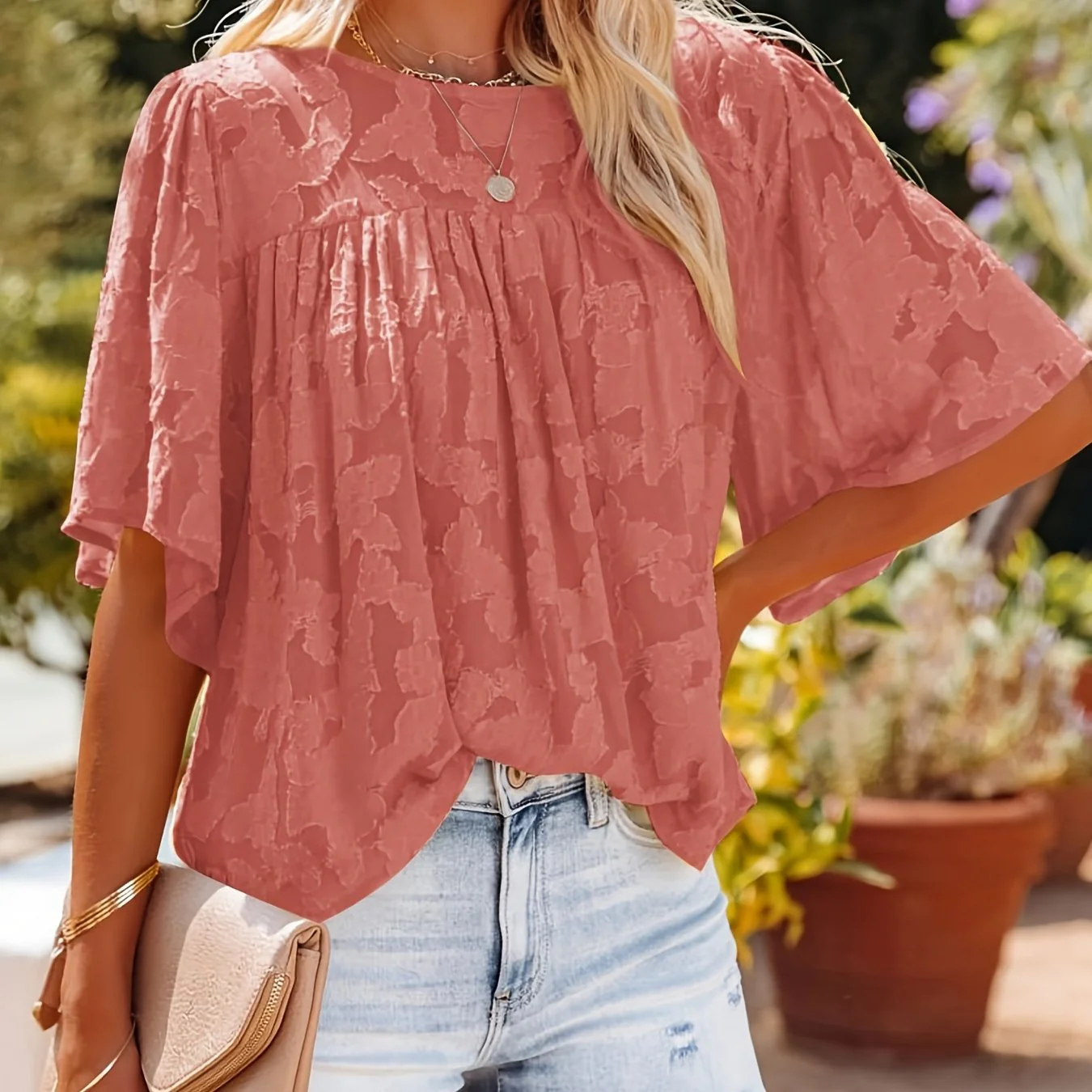 Casual Lace Flare Sleeve Blouse, Short Sleeve Crew Neck Solid Blouse, Casual Every Day Tops, Women's Clothing - Deanwangkt