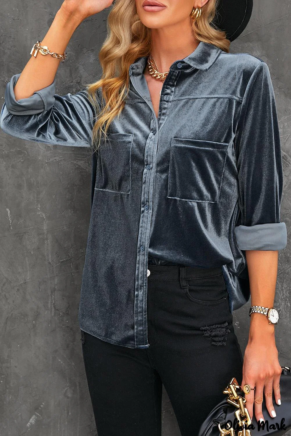 Deanwangkt - Navy Velvet Button Pocket Long Sleeve Shirt - Deanwangkt