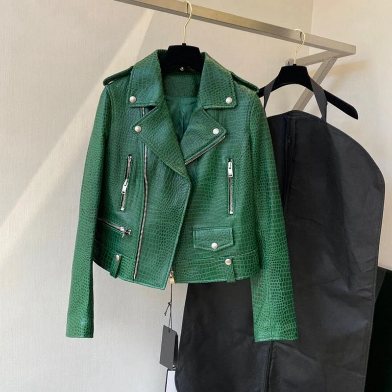 Black Friday Sales Natural Leather Women Lambskin Leather Bomber Biker Jacket Long Sleeves 100% Sheepskin Leather Coat H71 - Deanwangkt