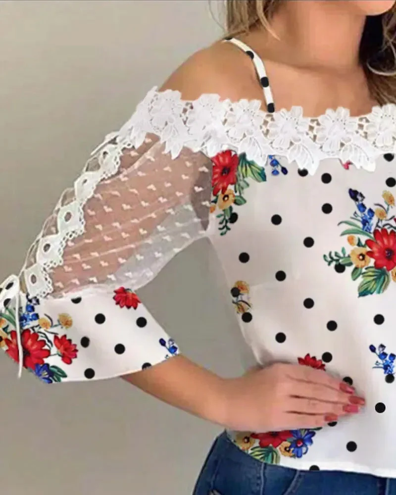 Deanwangkt - Polka Dot Lace Floral Off-the-Shoulder Top - Deanwangkt