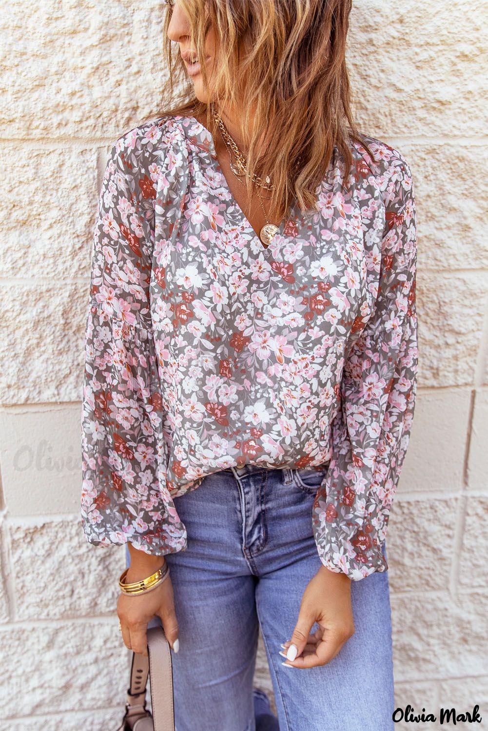 Deanwangkt - Multicolor Floral Print V-Neck Long Puff Sleeve Blouse - Deanwangkt