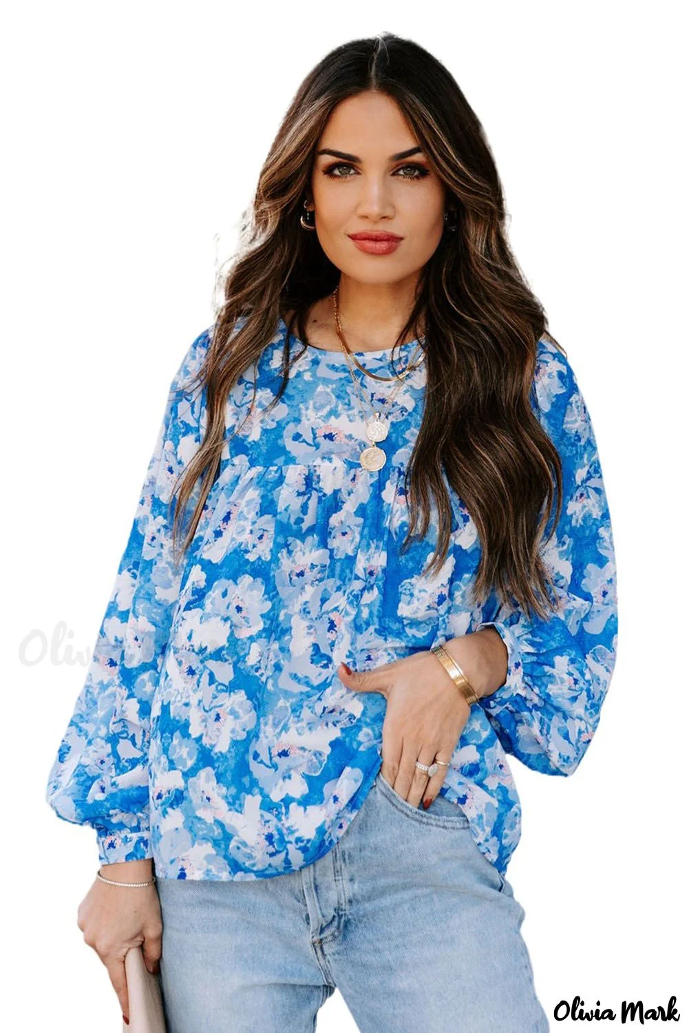 Deanwangkt - Baby Blue Floral Print Puff Sleeve Blouse - Deanwangkt