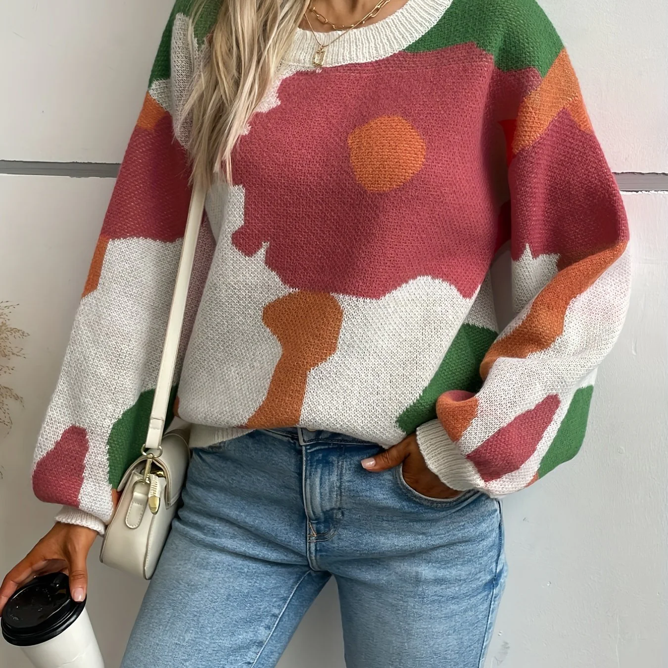 deanwangkt-1  Color Block Crew Neck Sweater, Casual Long Sleeve Sweater For Fall & Winter, Women's Clothing - Deanwangkt