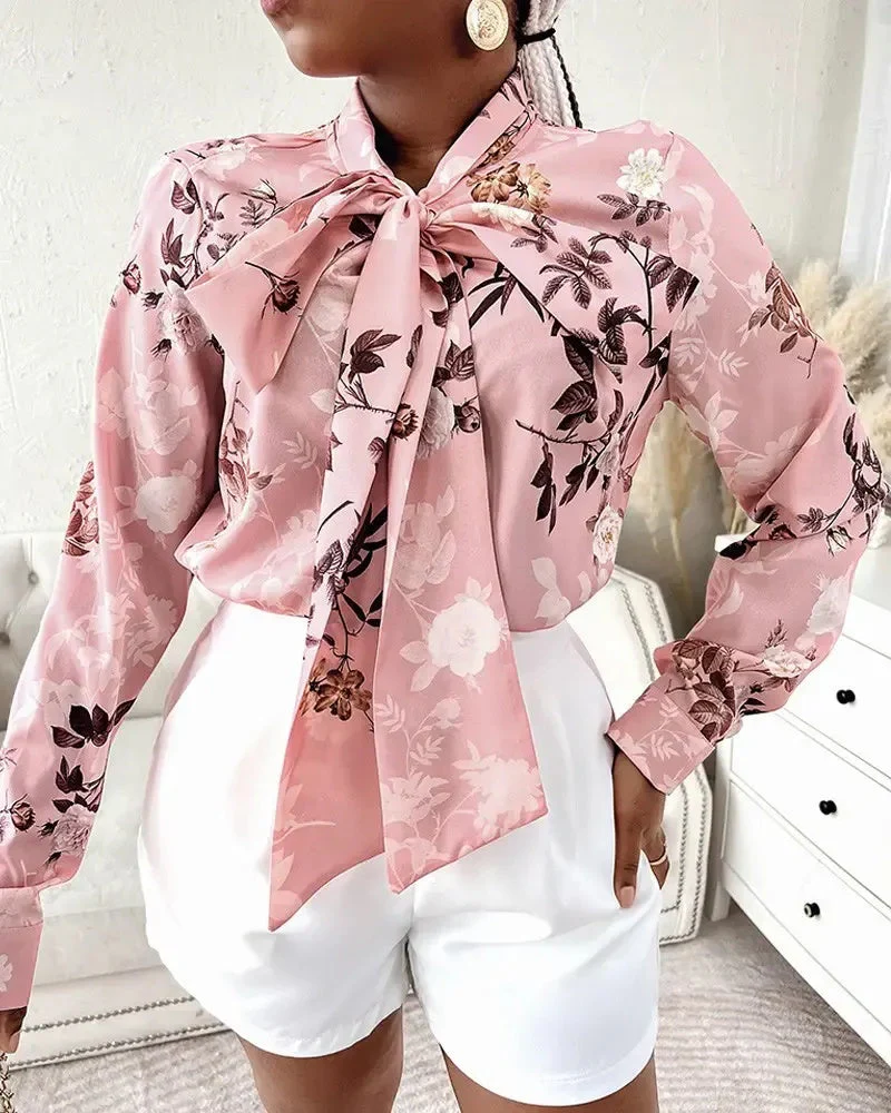 Deanwangkt - Floral Print Tie Neck Long Sleeve Top - Deanwangkt