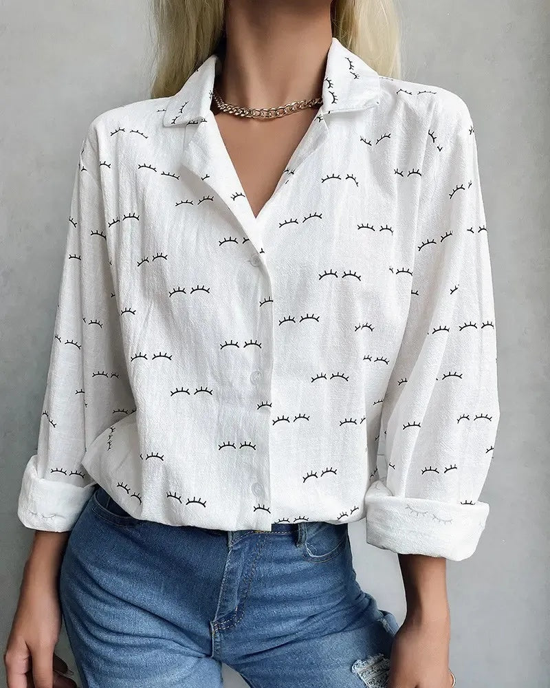 Deanwangkt - Eyelash Print Long Sleeve Button Down Shirt - Deanwangkt