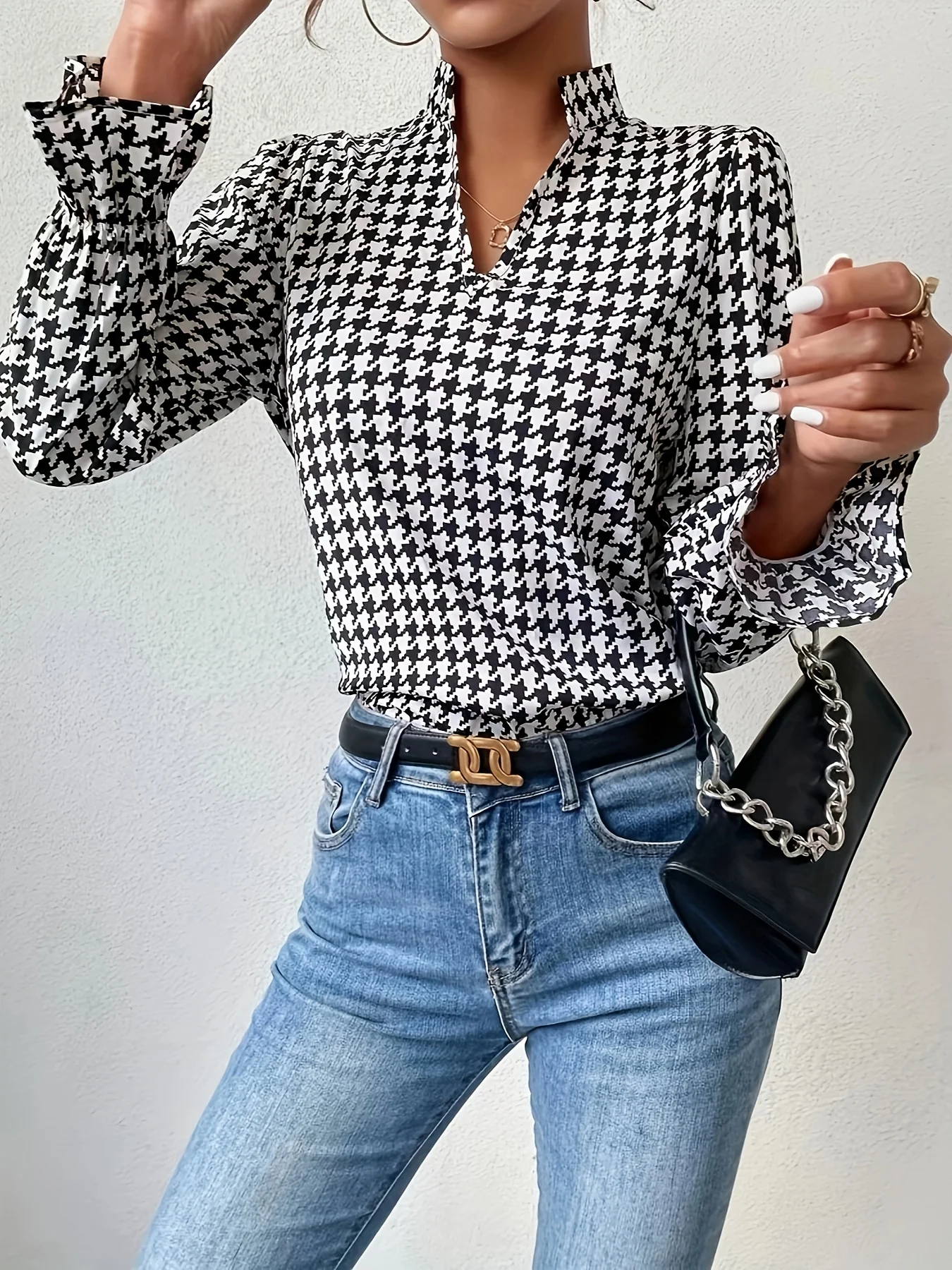 Houndstooth Print Notch Neck Blouse, Elegant Ruffle Trim Lantern Sleeve Blouse For Spring & Fall, Women's Clothing - Deanwangkt