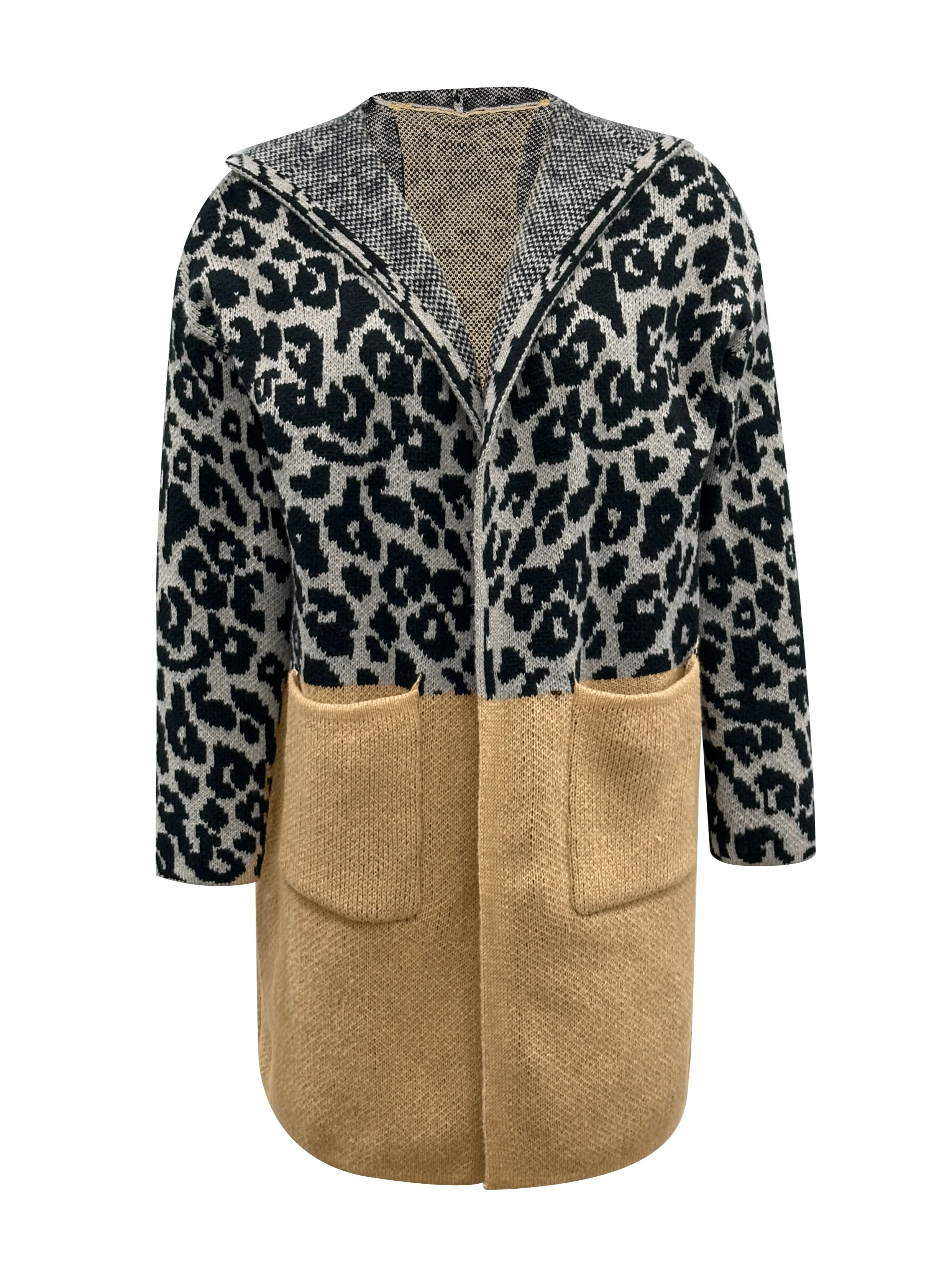 deanwangkt-1  Letter & Leopard Pattern Knit Hooded Cardigan, Casual Open Front Long Sleeve Outerwear With Pocket, Women's Clothing - Deanwangkt