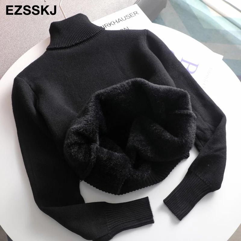 Christmas Gift Deanwangkt Autumn winter cashmere basic warm Sweater velvet Pullovers Women female fur thick Turtleneck sweater knit Jumpers top - Deanwangkt