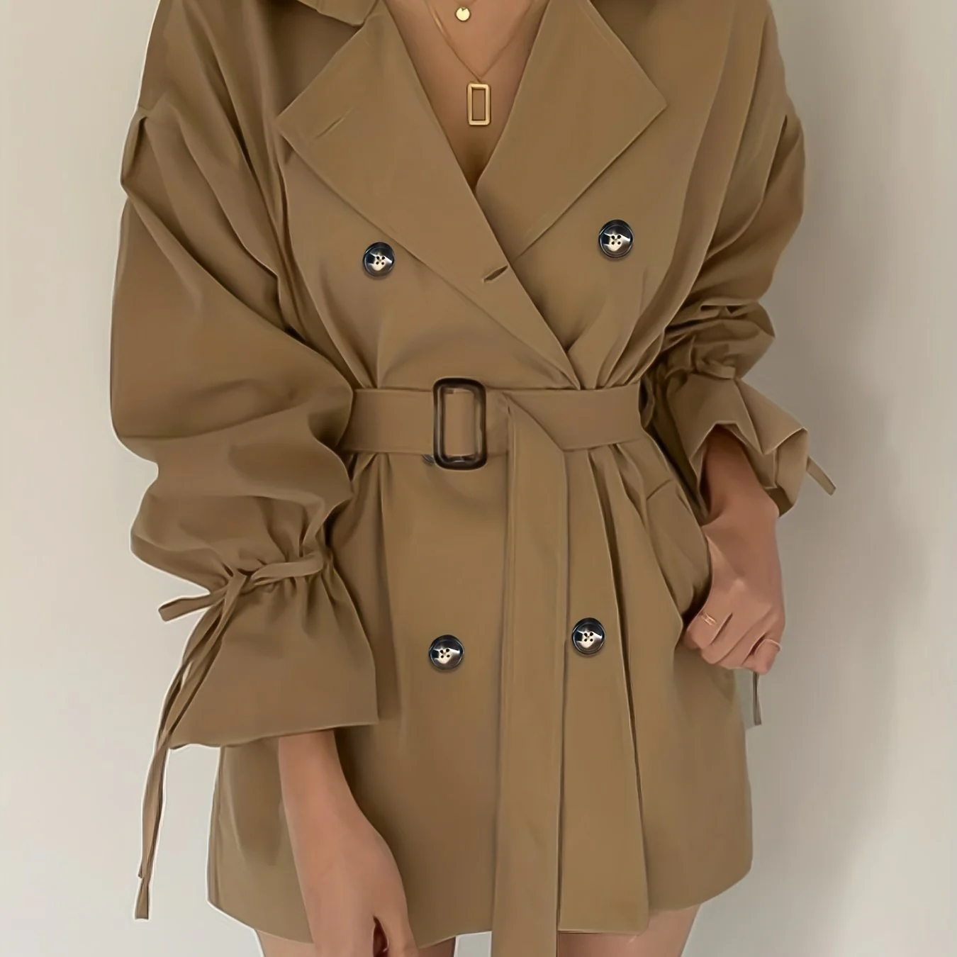 deanwangkt-1  Double Breasted Lapel Trench Coat, Elegant Solid Drawstring Long Sleeve Outerwear, Women's Clothing - Deanwangkt