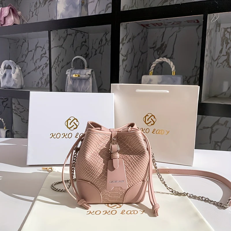 Snakeskin Embossed Bucket Bag For Women, Trendy PU Leather Handbag, Drawstring Crossbody Purse With Chain Strap - Deanwangkt