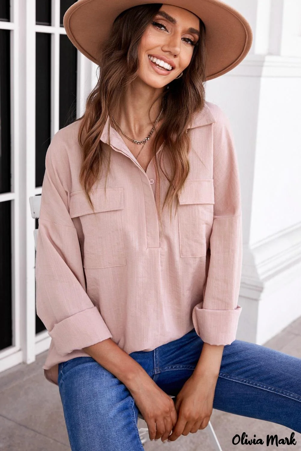 Deanwangkt - Khaki button down long sleeve shirt with pocket - Deanwangkt