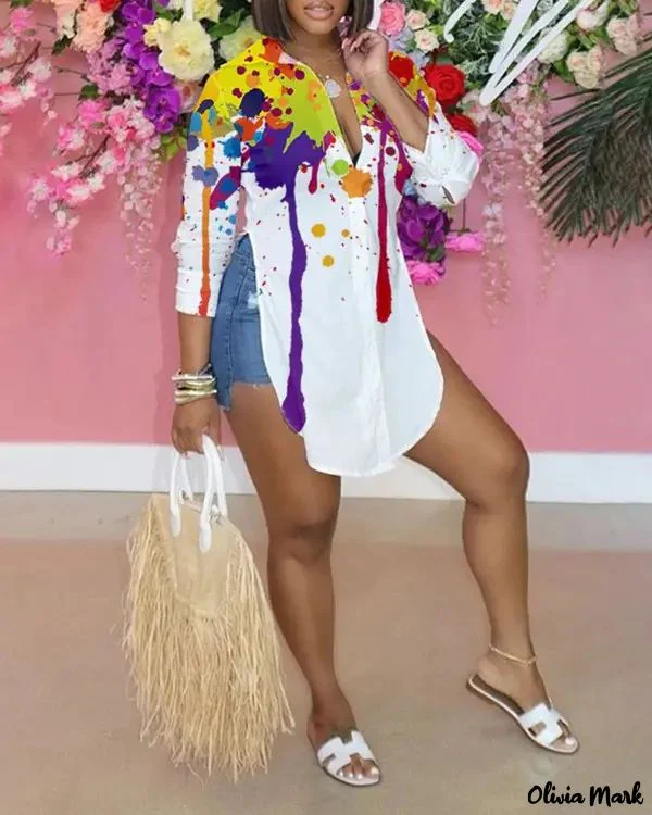 Deanwangkt - Ink Splash Print Slit Long Sleeve Shirt - Deanwangkt