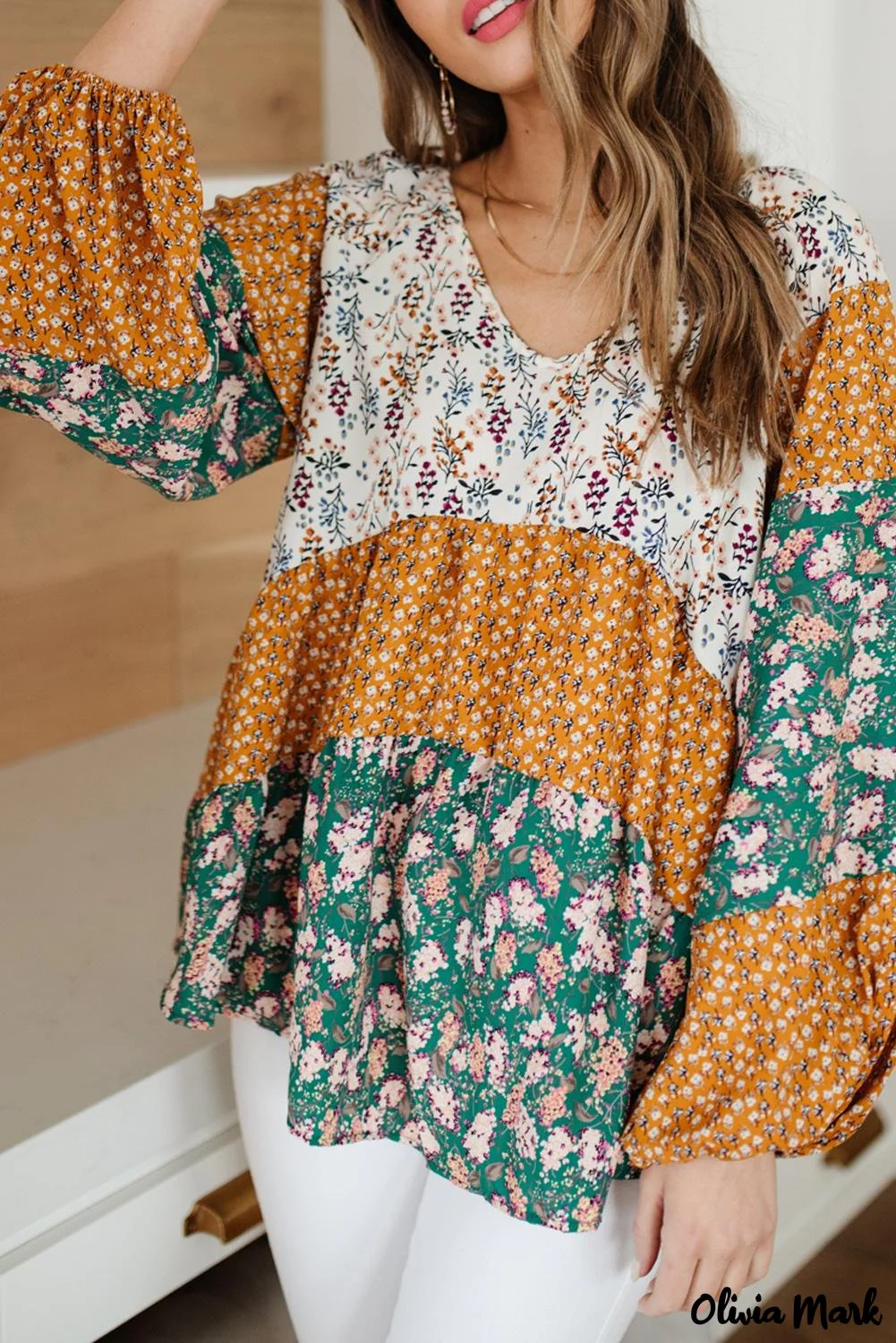 Deanwangkt - Green Color Block Floral Print Loose Blouse - Deanwangkt