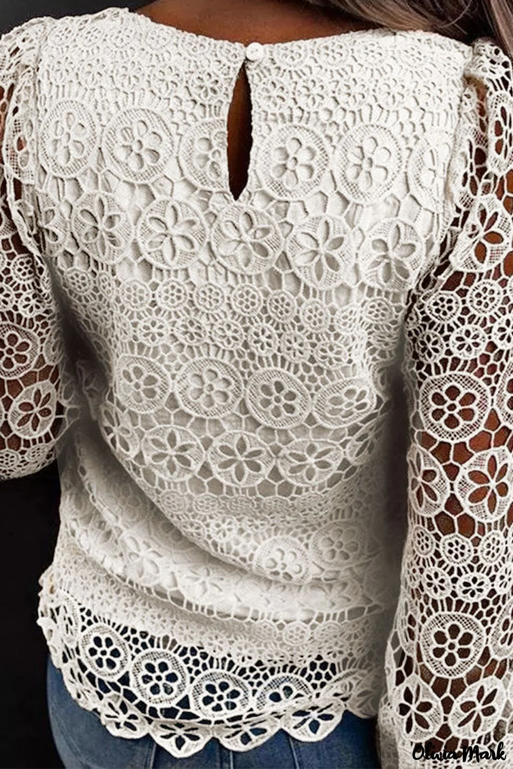 Deanwangkt - Beige Contrast Lace Hollow Out Long Sleeve Blouse - Deanwangkt